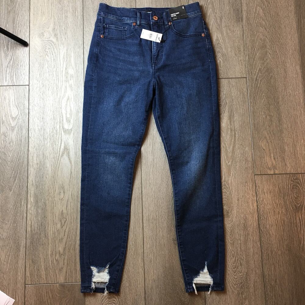 Express Cropped Skinny High Rise Supersoft Blue Jeans Distressed Size 4 NWT